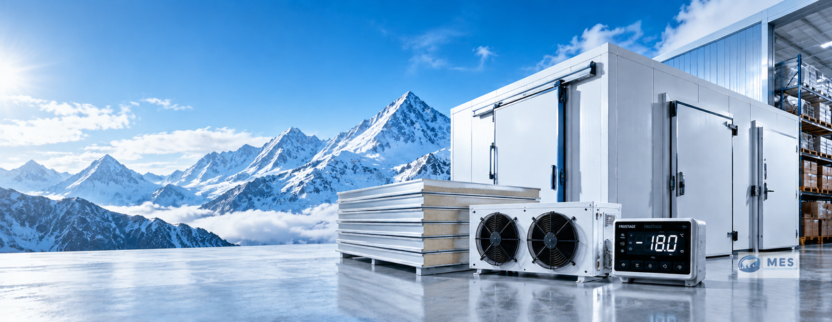 Industrial freezer units and a digital temperature display unit shown in front of a large white freezer cabinet, with a snowy mountain landscape and blue sky in the background.